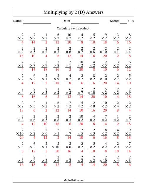 The Multiplying (1 to 10) by 2 (100 Questions) (D) Math Worksheet Page 2