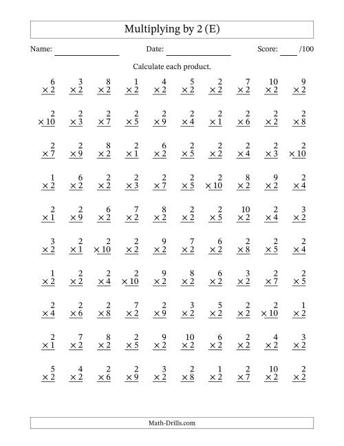 The Multiplying (1 to 10) by 2 (100 Questions) (E) Math Worksheet