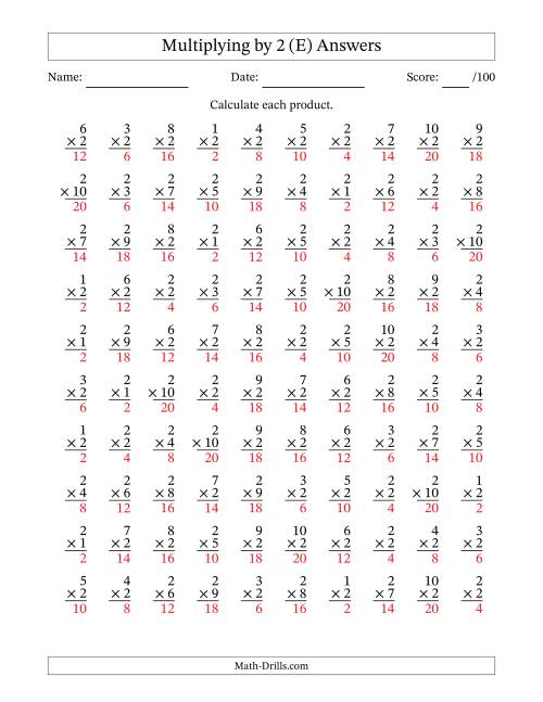 The Multiplying (1 to 10) by 2 (100 Questions) (E) Math Worksheet Page 2