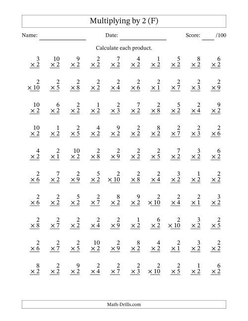 The Multiplying (1 to 10) by 2 (100 Questions) (F) Math Worksheet