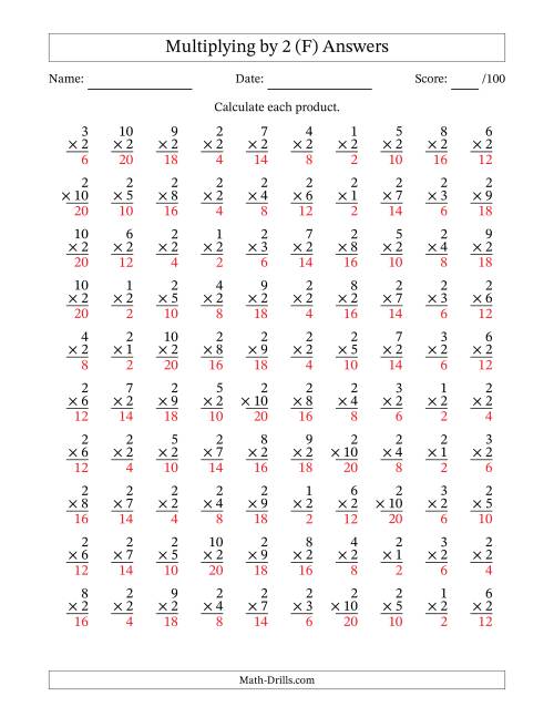 The Multiplying (1 to 10) by 2 (100 Questions) (F) Math Worksheet Page 2
