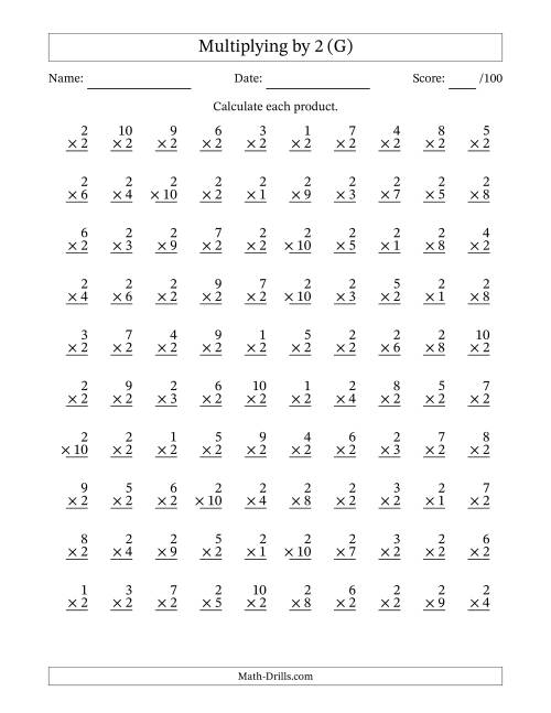 The Multiplying (1 to 10) by 2 (100 Questions) (G) Math Worksheet