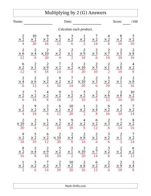 The Multiplying (1 to 10) by 2 (100 Questions) (G) Math Worksheet Page 2