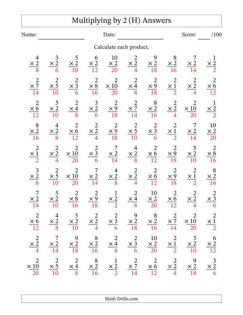 The Multiplying (1 to 10) by 2 (100 Questions) (H) Math Worksheet Page 2