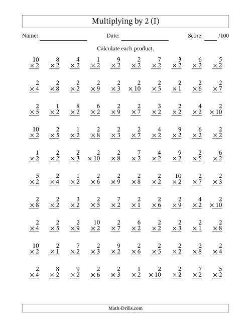 The Multiplying (1 to 10) by 2 (100 Questions) (I) Math Worksheet