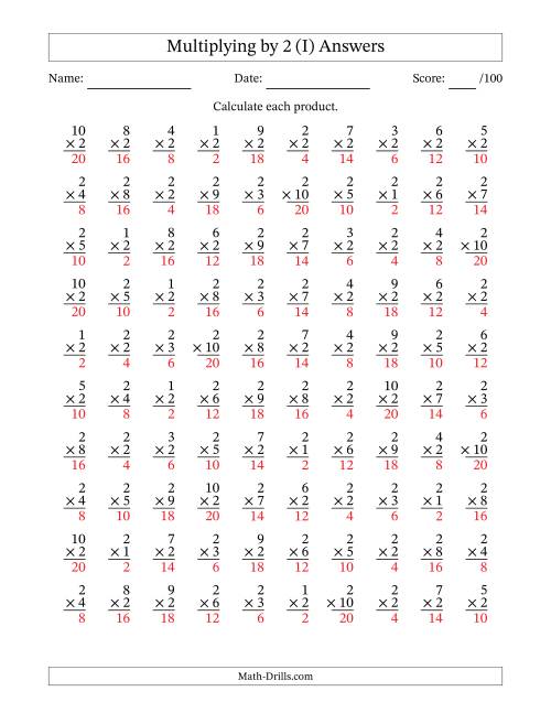 The Multiplying (1 to 10) by 2 (100 Questions) (I) Math Worksheet Page 2