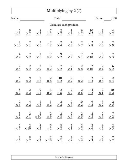 The Multiplying (1 to 10) by 2 (100 Questions) (J) Math Worksheet