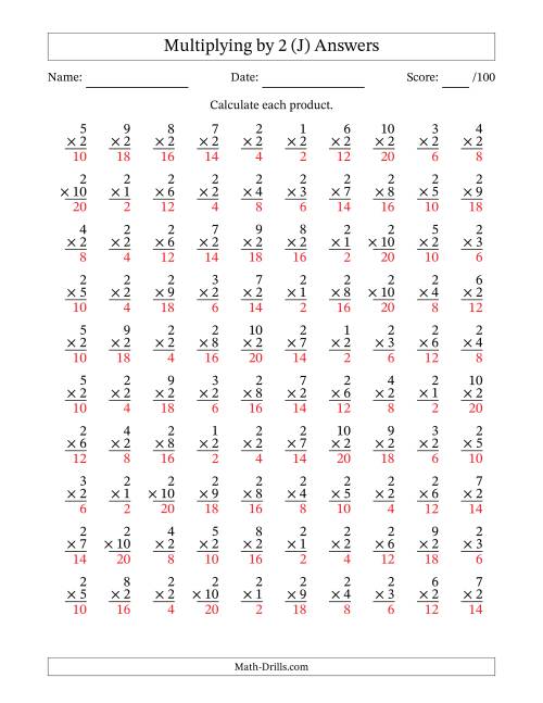 The Multiplying (1 to 10) by 2 (100 Questions) (J) Math Worksheet Page 2