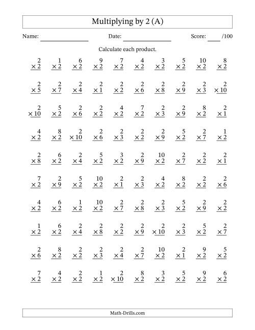 The Multiplying (1 to 10) by 2 (100 Questions) (All) Math Worksheet