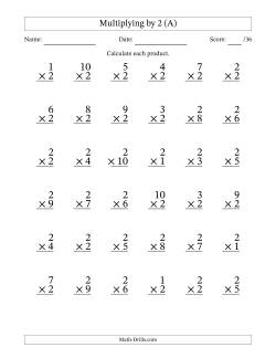 Multiplying (1 to 10) by 2 (36 Questions)