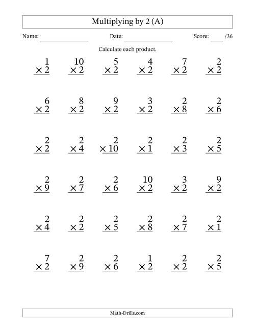 The Multiplying (1 to 10) by 2 (36 Questions) (A) Math Worksheet