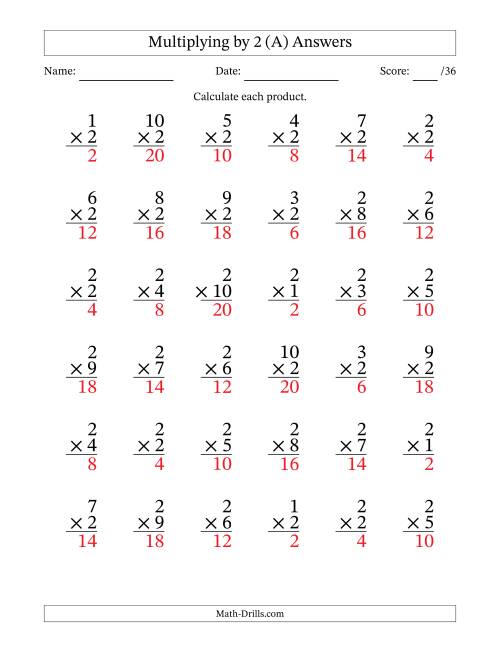 The Multiplying (1 to 10) by 2 (36 Questions) (A) Math Worksheet Page 2