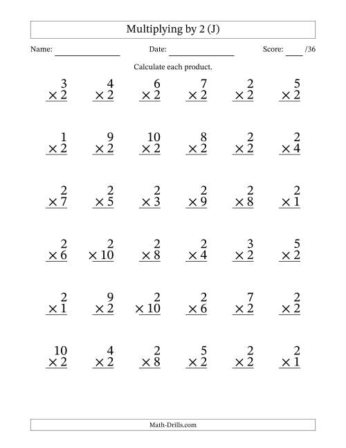 The Multiplying (1 to 10) by 2 (36 Questions) (J) Math Worksheet