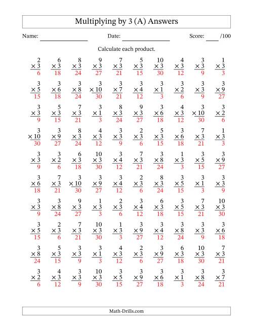 The Multiplying (1 to 10) by 3 (100 Questions) (A) Math Worksheet Page 2