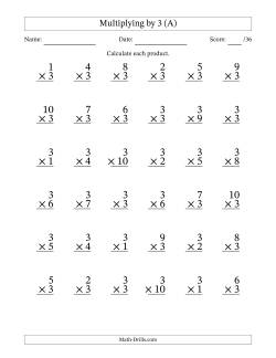Multiplying (1 to 10) by 3 (36 Questions)