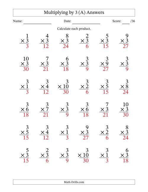 The Multiplying (1 to 10) by 3 (36 Questions) (A) Math Worksheet Page 2
