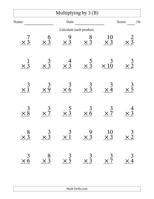 The Multiplying (1 to 10) by 3 (36 Questions) (B) Math Worksheet