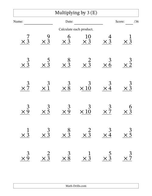 The Multiplying (1 to 10) by 3 (36 Questions) (E) Math Worksheet
