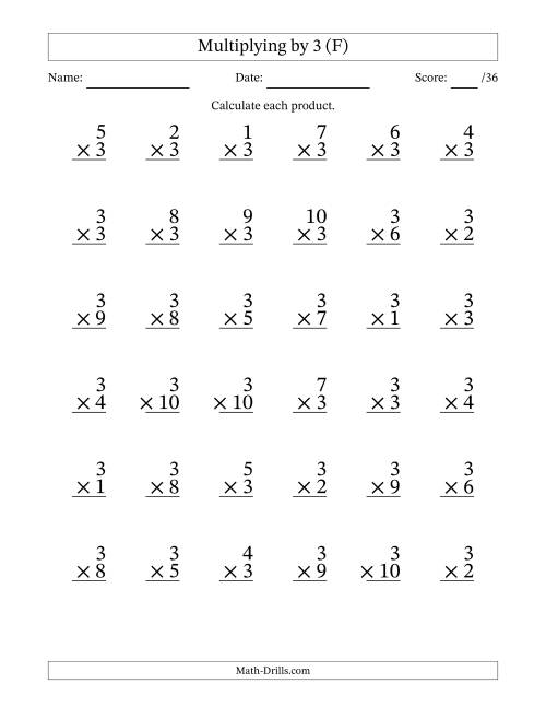 The Multiplying (1 to 10) by 3 (36 Questions) (F) Math Worksheet