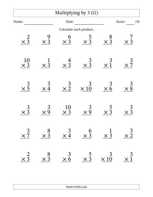 The Multiplying (1 to 10) by 3 (36 Questions) (G) Math Worksheet