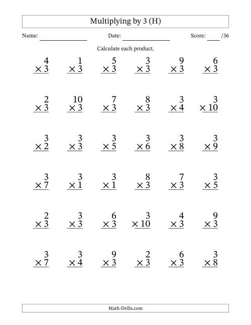 The Multiplying (1 to 10) by 3 (36 Questions) (H) Math Worksheet