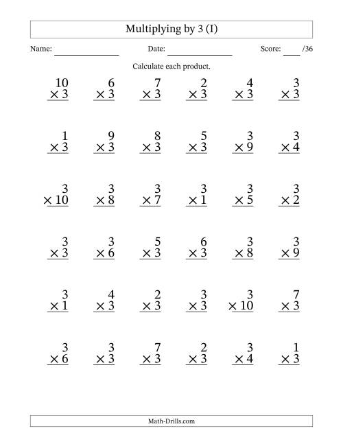 The Multiplying (1 to 10) by 3 (36 Questions) (I) Math Worksheet
