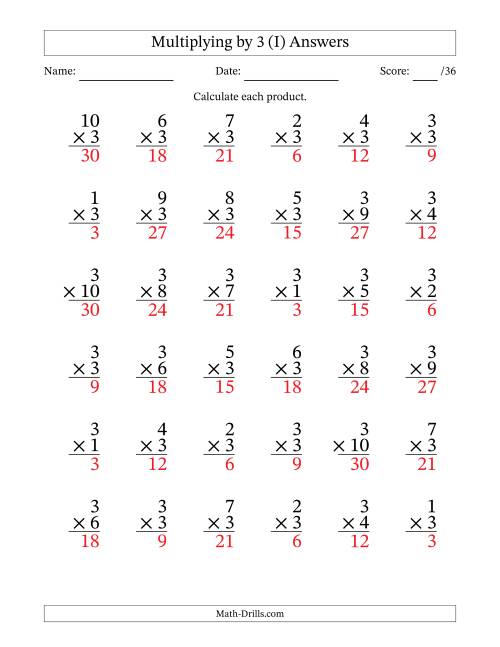 The Multiplying (1 to 10) by 3 (36 Questions) (I) Math Worksheet Page 2