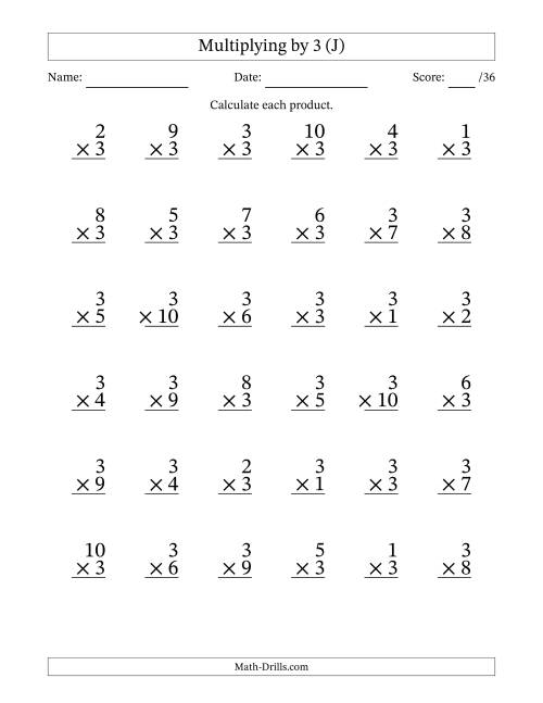 The Multiplying (1 to 10) by 3 (36 Questions) (J) Math Worksheet