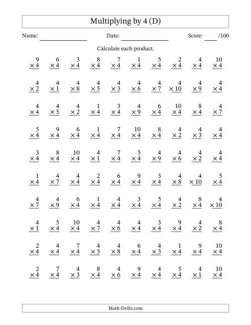 The Multiplying (1 to 10) by 4 (100 Questions) (D) Math Worksheet