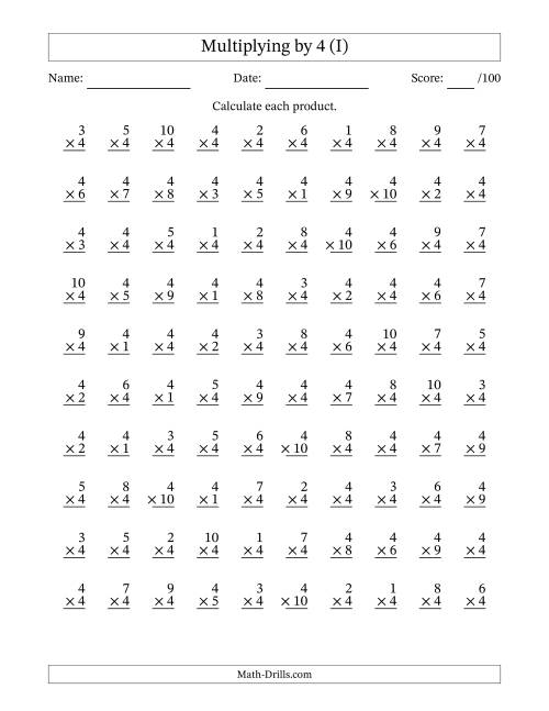 The Multiplying (1 to 10) by 4 (100 Questions) (I) Math Worksheet