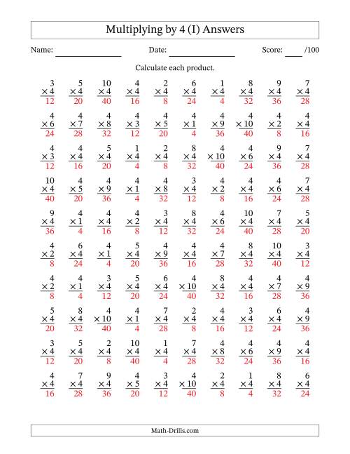 The Multiplying (1 to 10) by 4 (100 Questions) (I) Math Worksheet Page 2