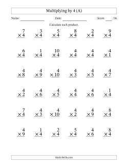 Multiplying (1 to 10) by 4 (36 Questions)
