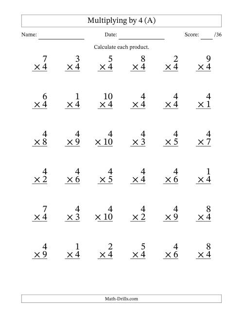 The Multiplying (1 to 10) by 4 (36 Questions) (A) Math Worksheet