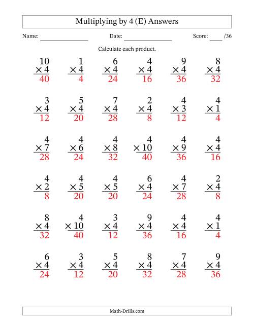 The Multiplying (1 to 10) by 4 (36 Questions) (E) Math Worksheet Page 2