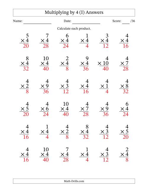 The Multiplying (1 to 10) by 4 (36 Questions) (I) Math Worksheet Page 2