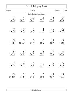 Multiplying (1 to 10) by 5 (36 Questions)
