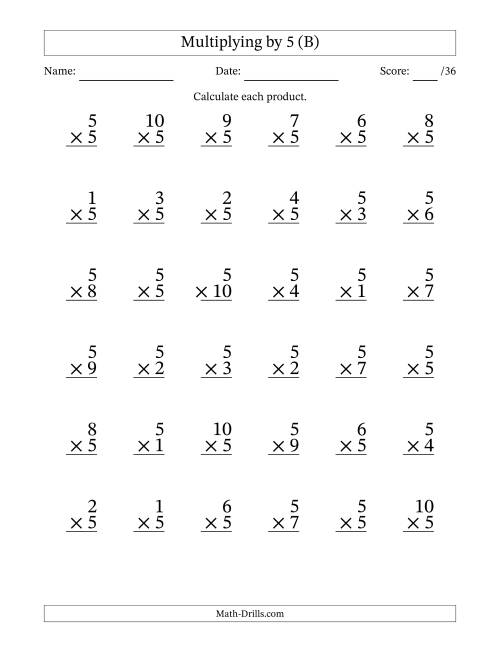 The Multiplying (1 to 10) by 5 (36 Questions) (B) Math Worksheet
