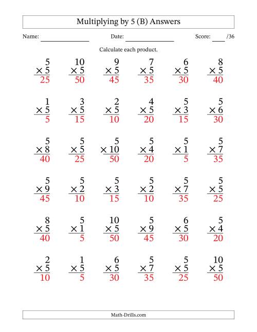 The Multiplying (1 to 10) by 5 (36 Questions) (B) Math Worksheet Page 2