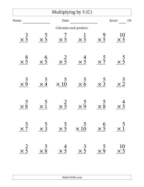 The Multiplying (1 to 10) by 5 (36 Questions) (C) Math Worksheet