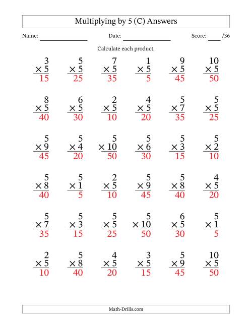The Multiplying (1 to 10) by 5 (36 Questions) (C) Math Worksheet Page 2