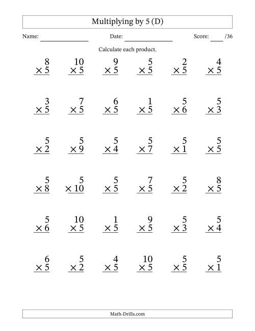 The Multiplying (1 to 10) by 5 (36 Questions) (D) Math Worksheet