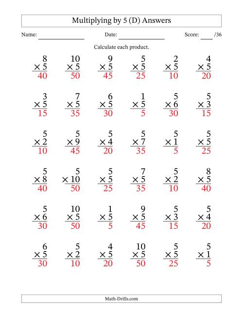 The Multiplying (1 to 10) by 5 (36 Questions) (D) Math Worksheet Page 2