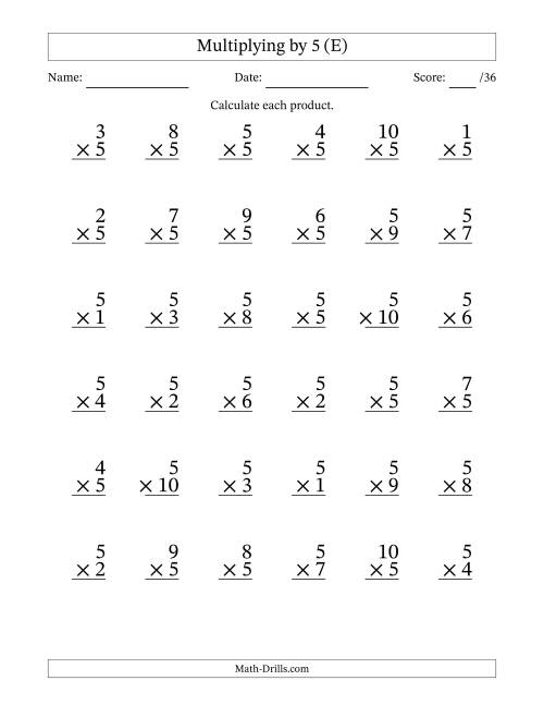 The Multiplying (1 to 10) by 5 (36 Questions) (E) Math Worksheet