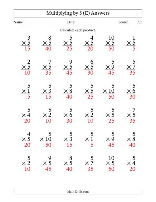 The Multiplying (1 to 10) by 5 (36 Questions) (E) Math Worksheet Page 2