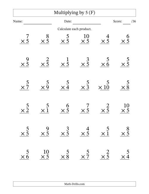 The Multiplying (1 to 10) by 5 (36 Questions) (F) Math Worksheet