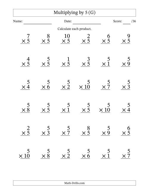The Multiplying (1 to 10) by 5 (36 Questions) (G) Math Worksheet