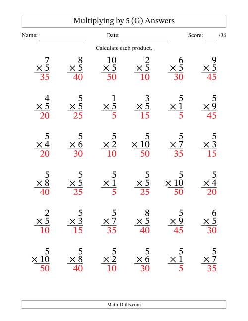 The Multiplying (1 to 10) by 5 (36 Questions) (G) Math Worksheet Page 2