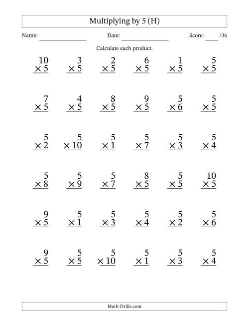 The Multiplying (1 to 10) by 5 (36 Questions) (H) Math Worksheet