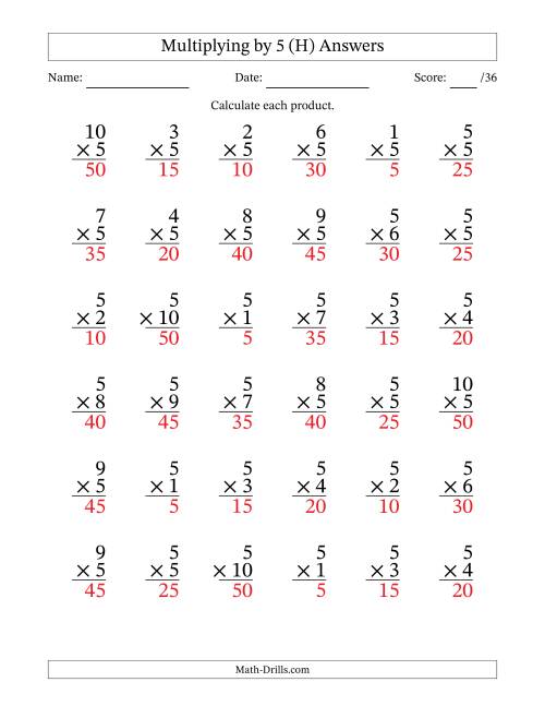 The Multiplying (1 to 10) by 5 (36 Questions) (H) Math Worksheet Page 2