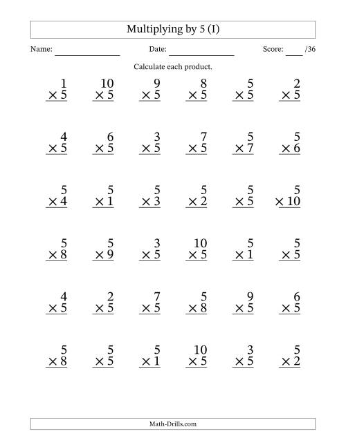 The Multiplying (1 to 10) by 5 (36 Questions) (I) Math Worksheet